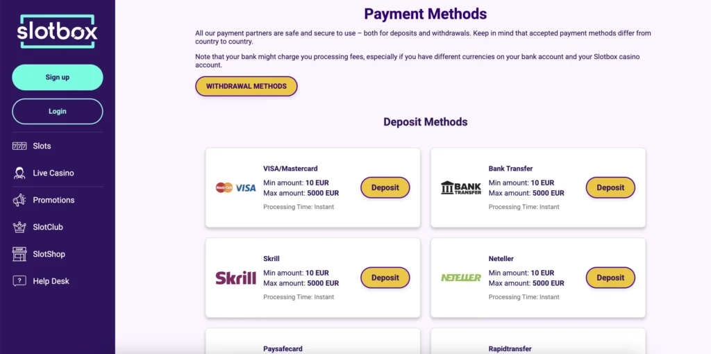Slotbox Casino Deposit Methods
