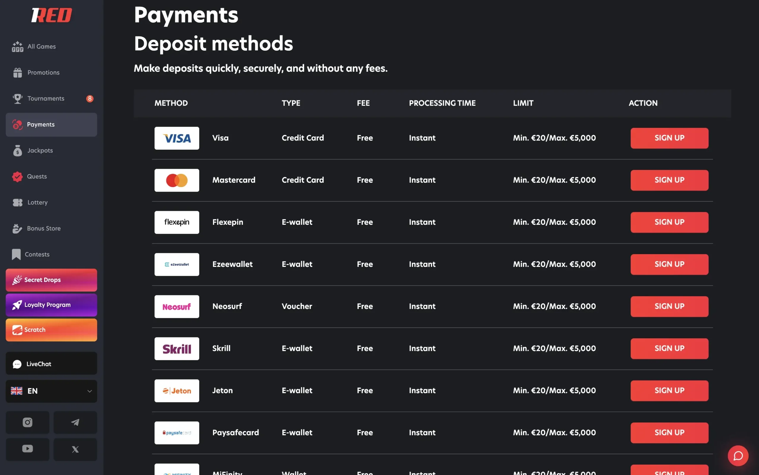 1RED Payment Methods