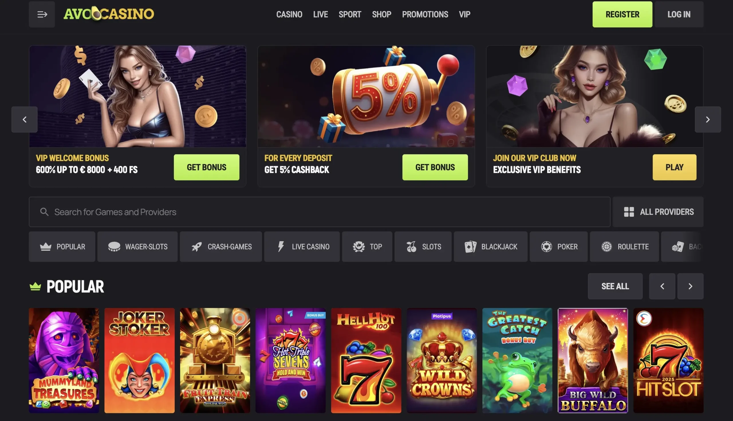 AvoCasino Home Page