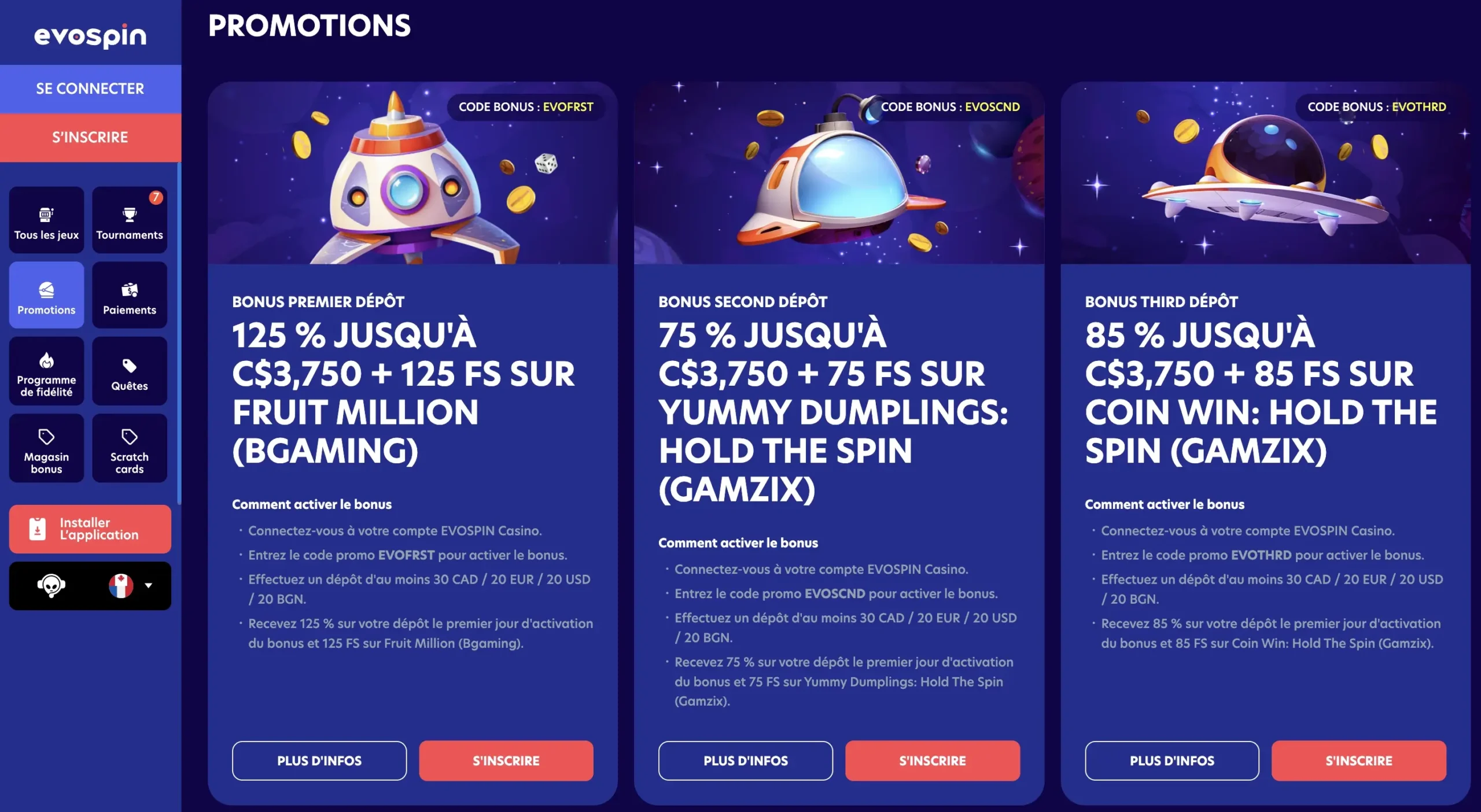 Bonus de bienvenue Evospin