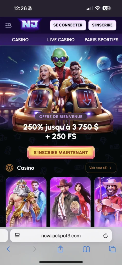 Interface de la version mobile de novajackpot