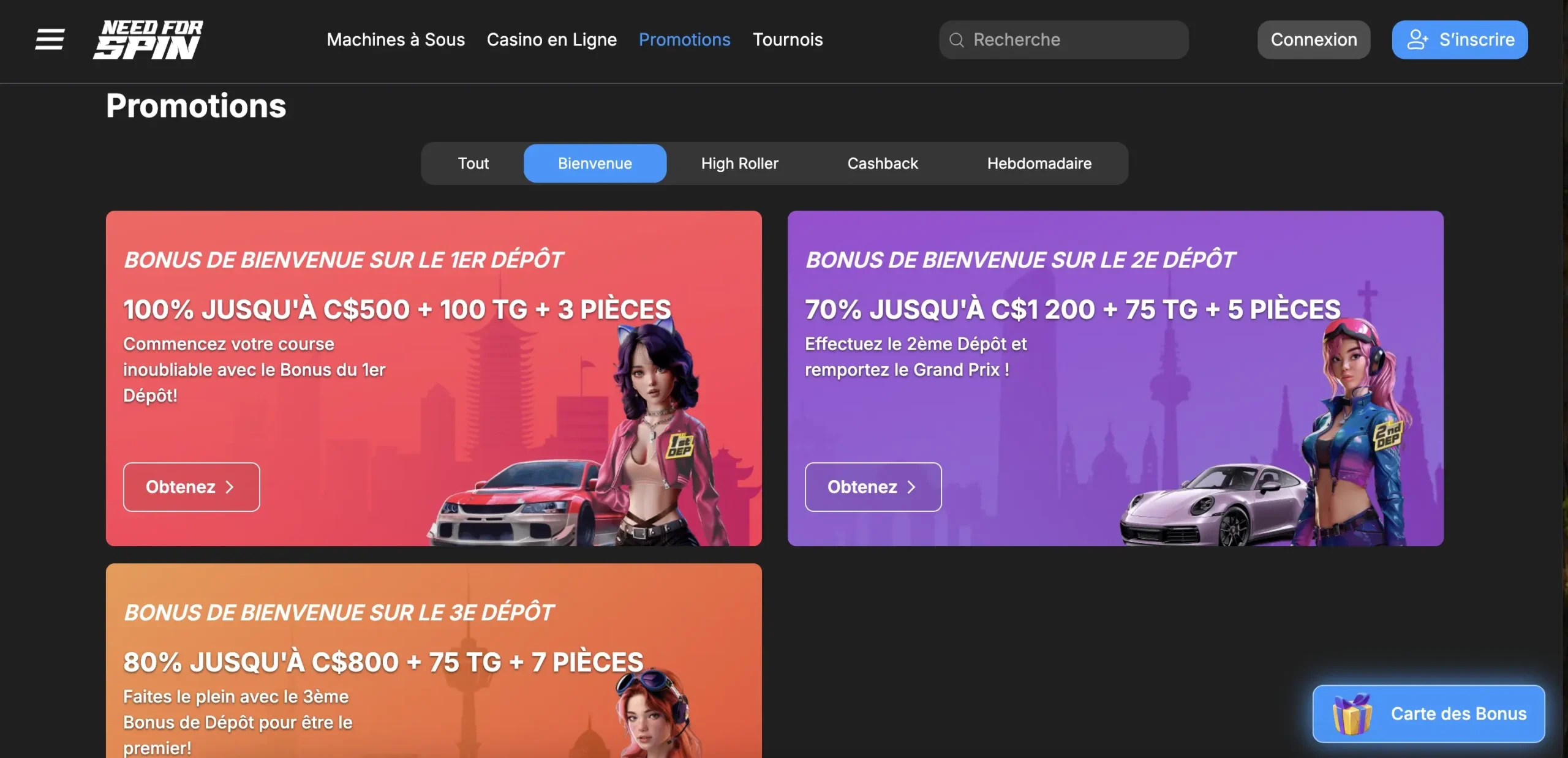 Bonus de bienvenue Need For Spin