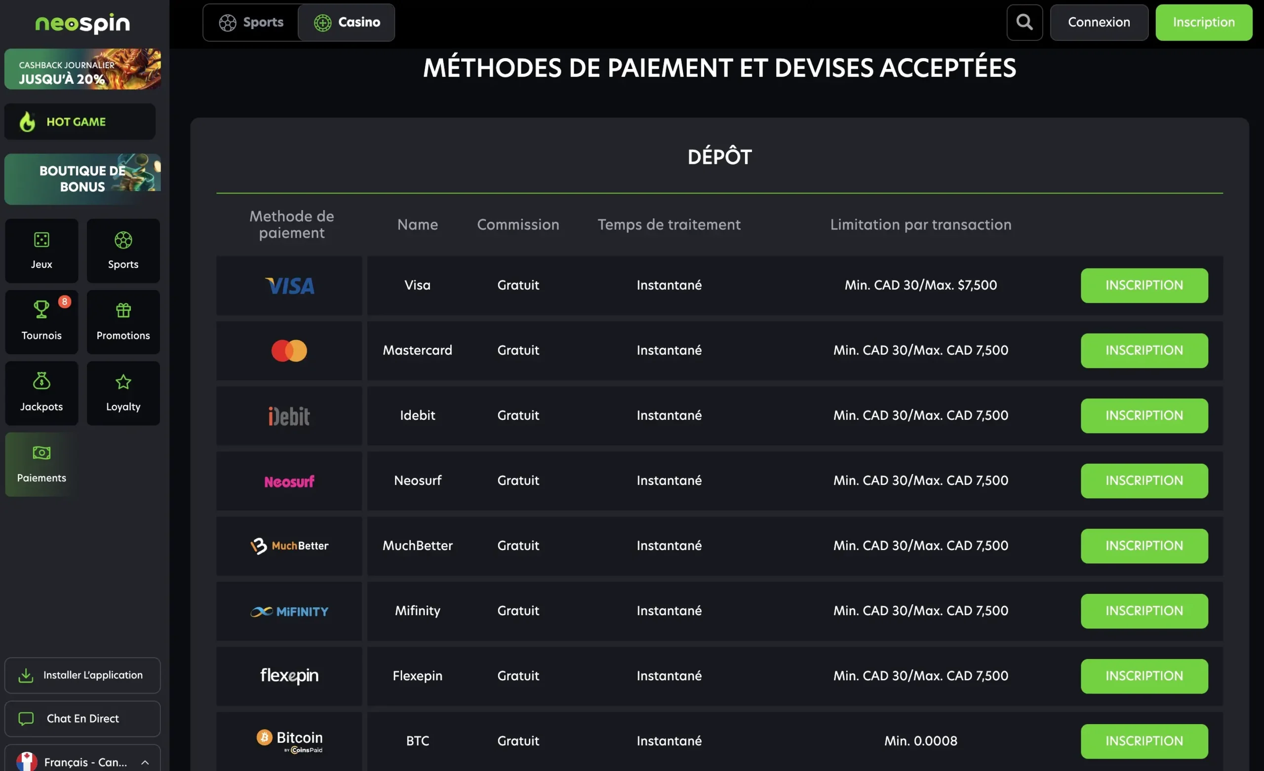 Méthodes de paiement Neospin