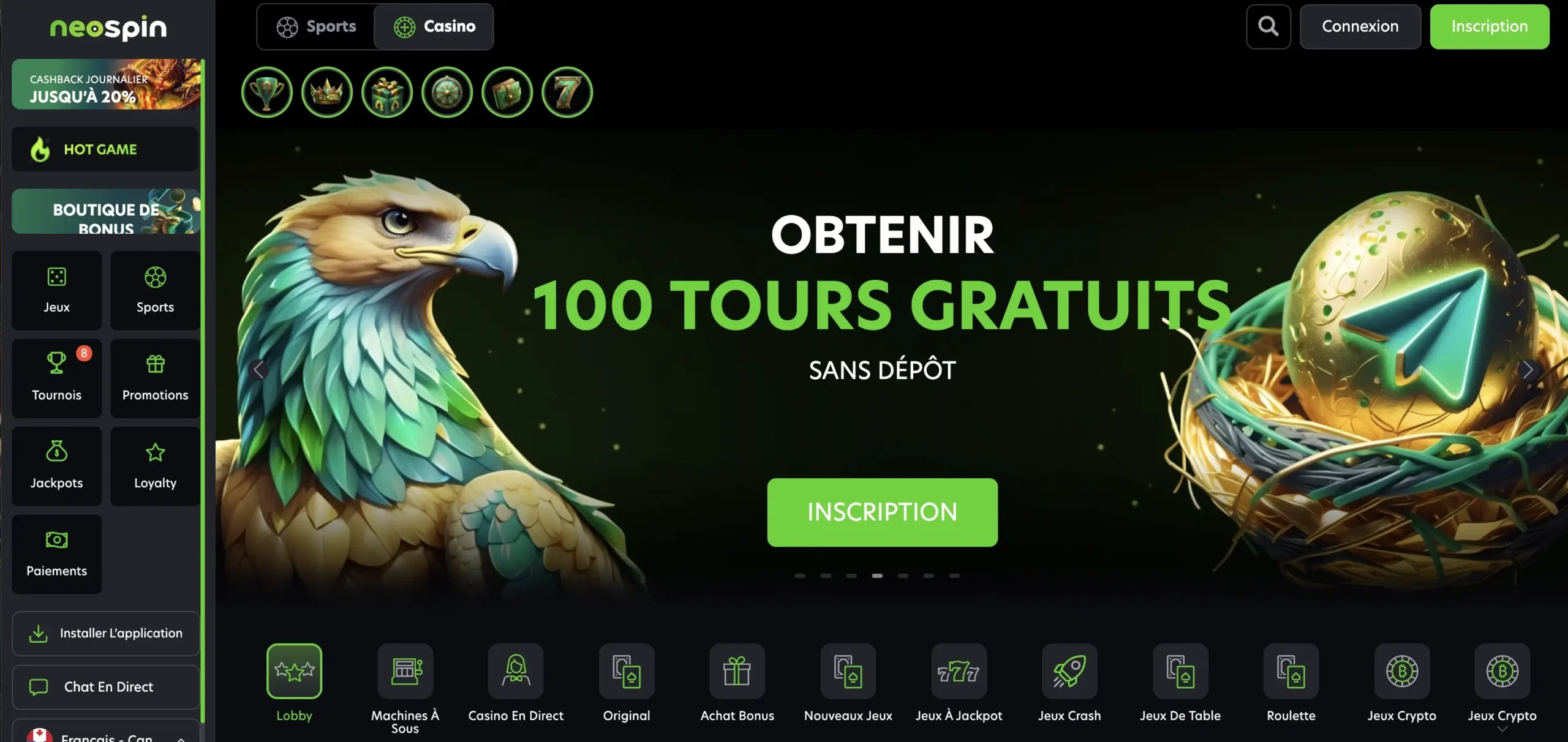 Page d'accueil de Neospin