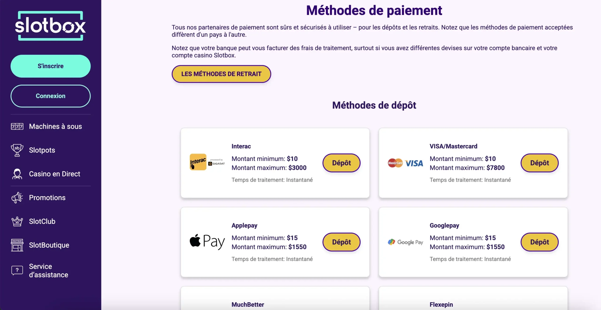 Méthodes de dépôt du casino Slotbox