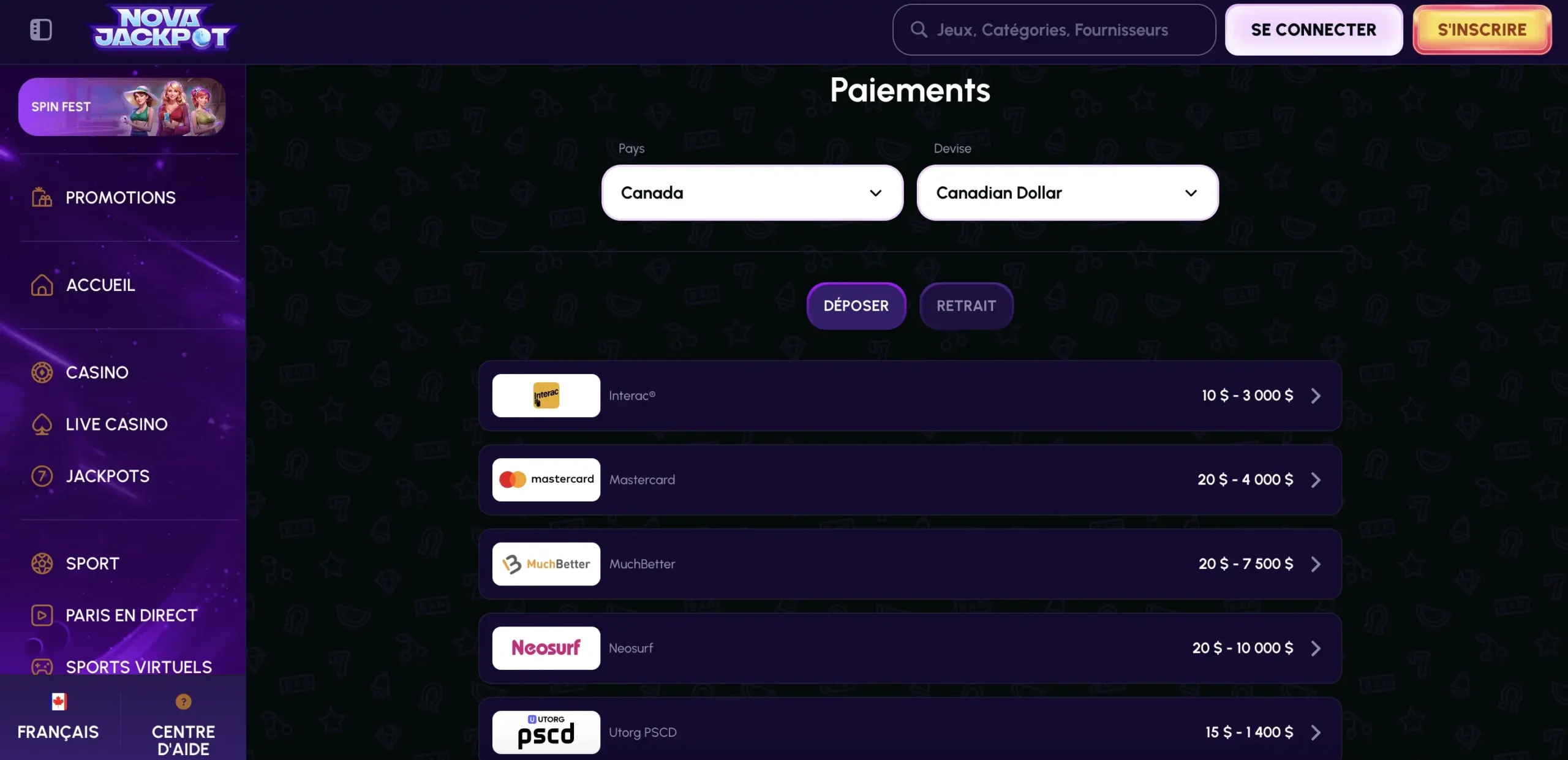 Options de dépôt NovaJackpot