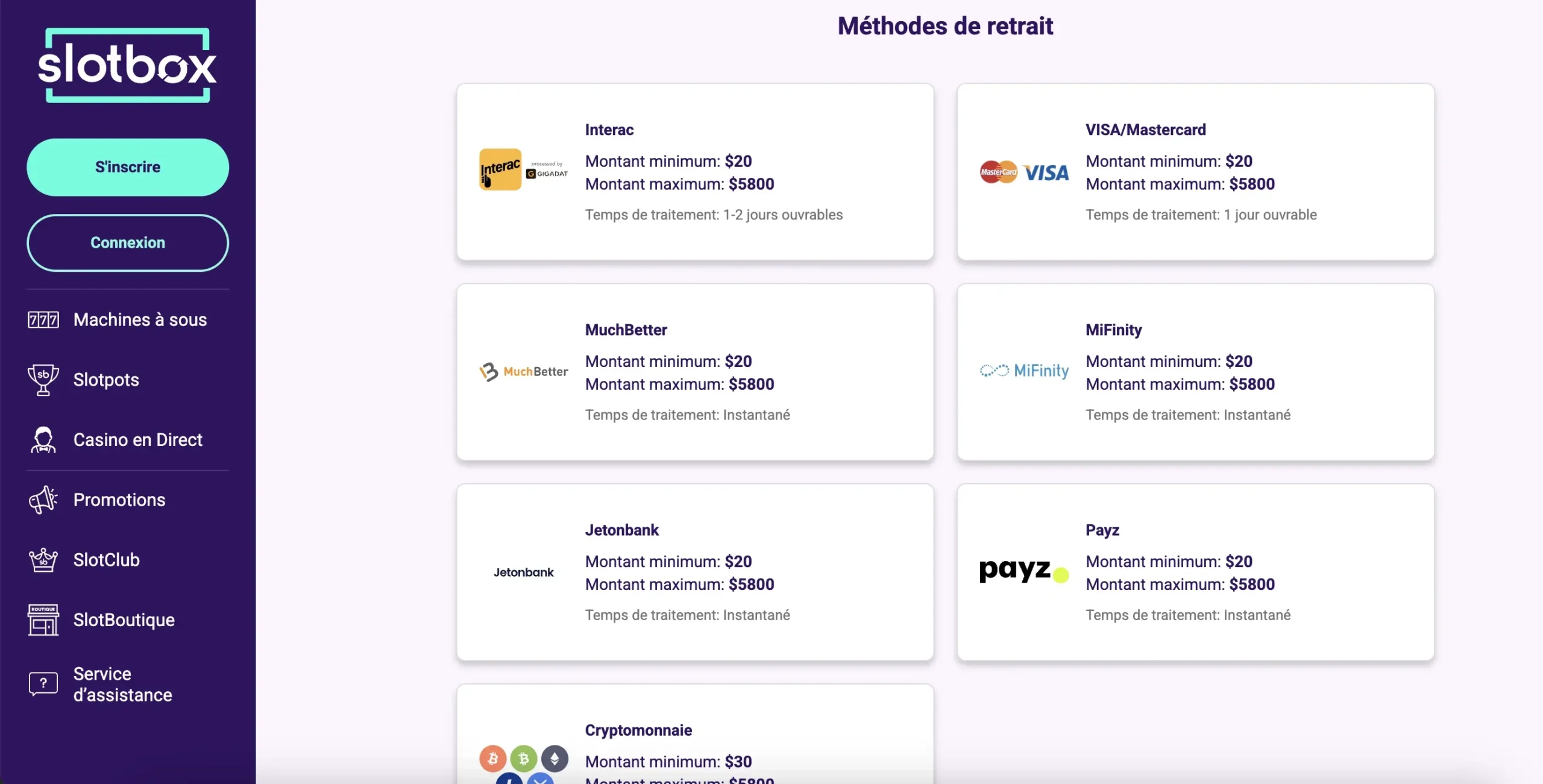 Méthodes de retrait du casino Slotbox