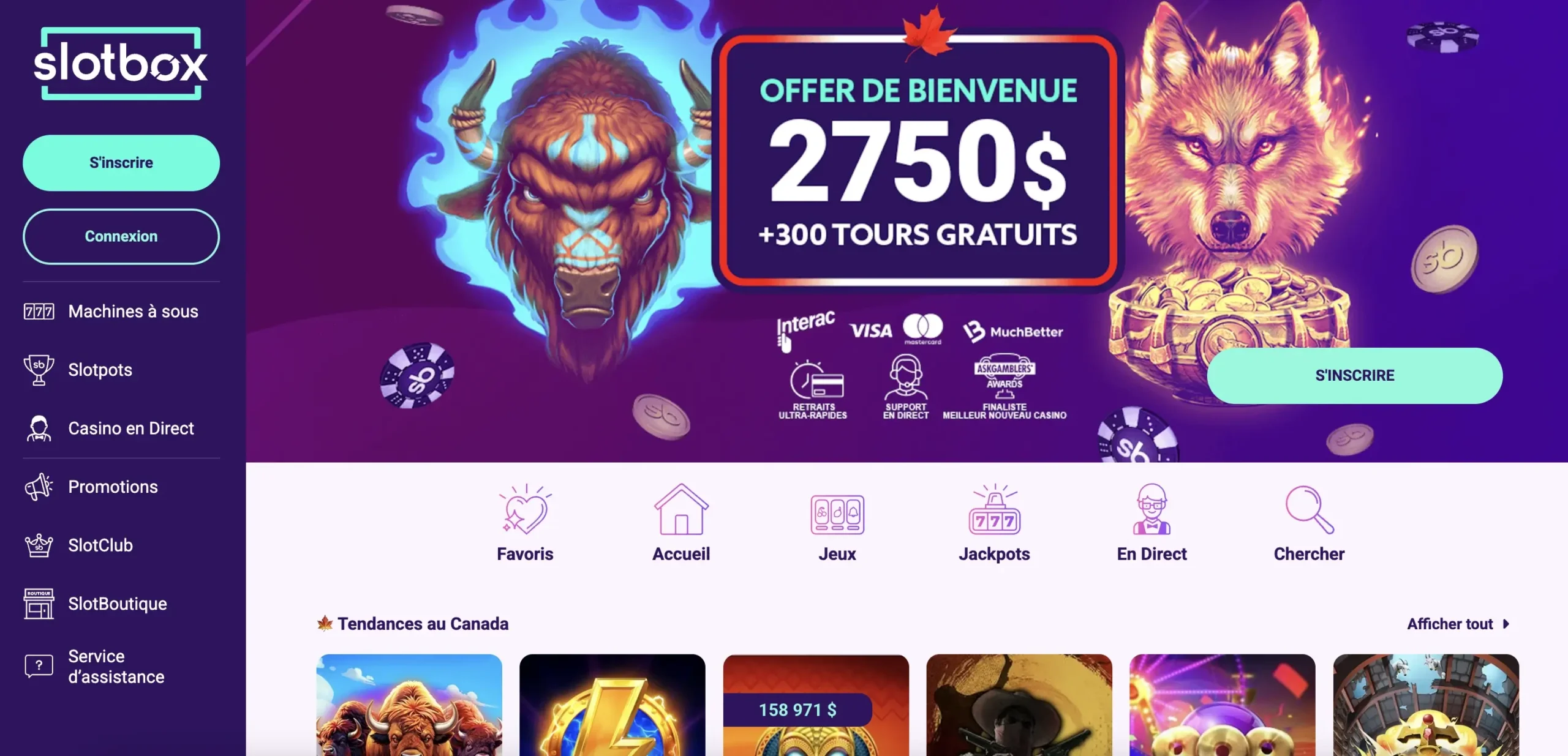 Page d'accueil du casino Slotbox