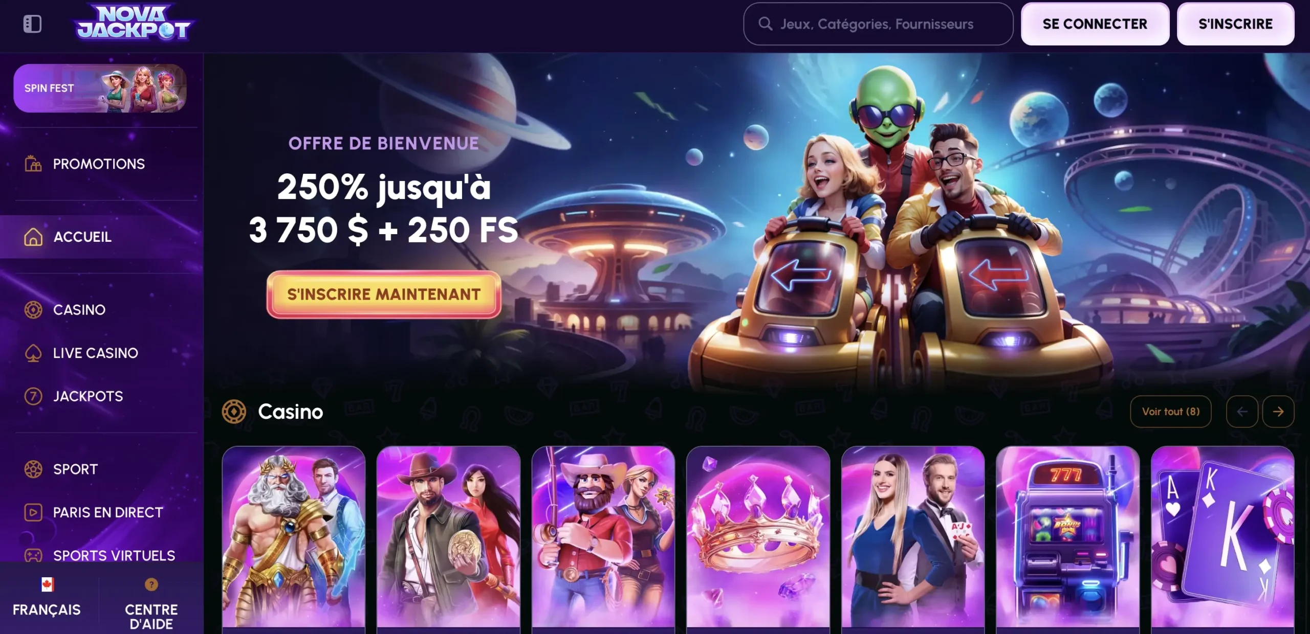 Page d'accueil de NovaJackpot