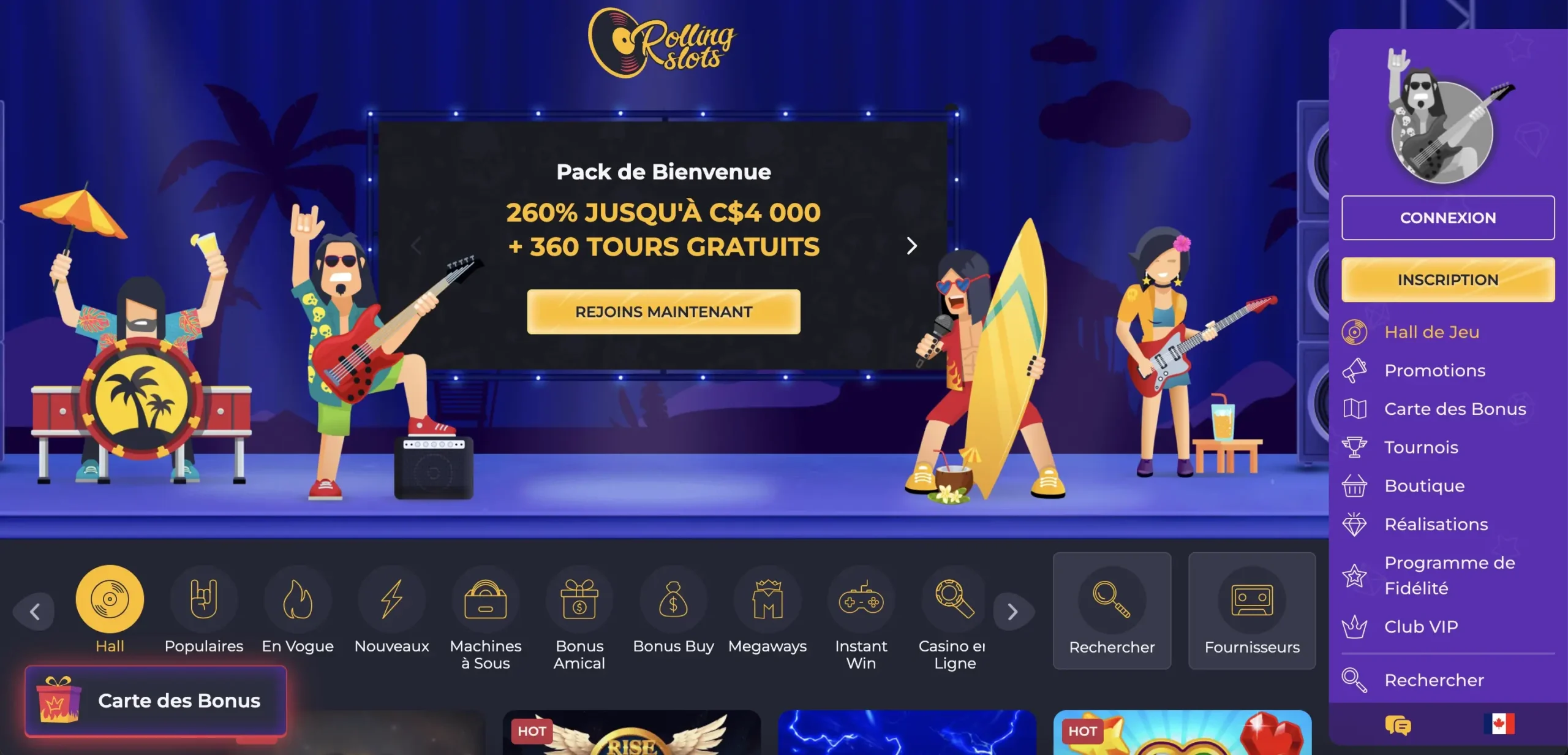 Page d'accueil de Rolling Slots