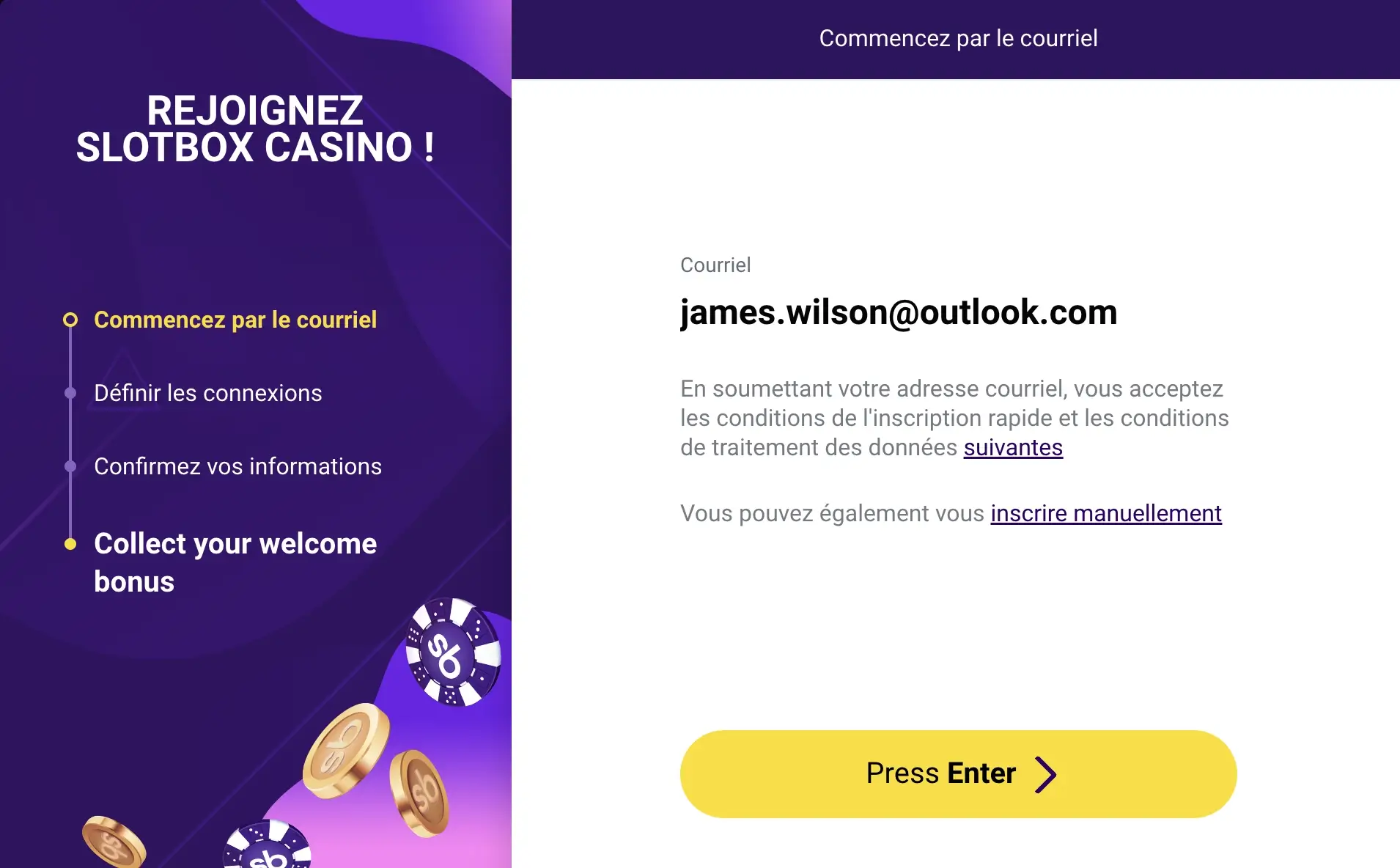 Processus d'inscription à Slotbox