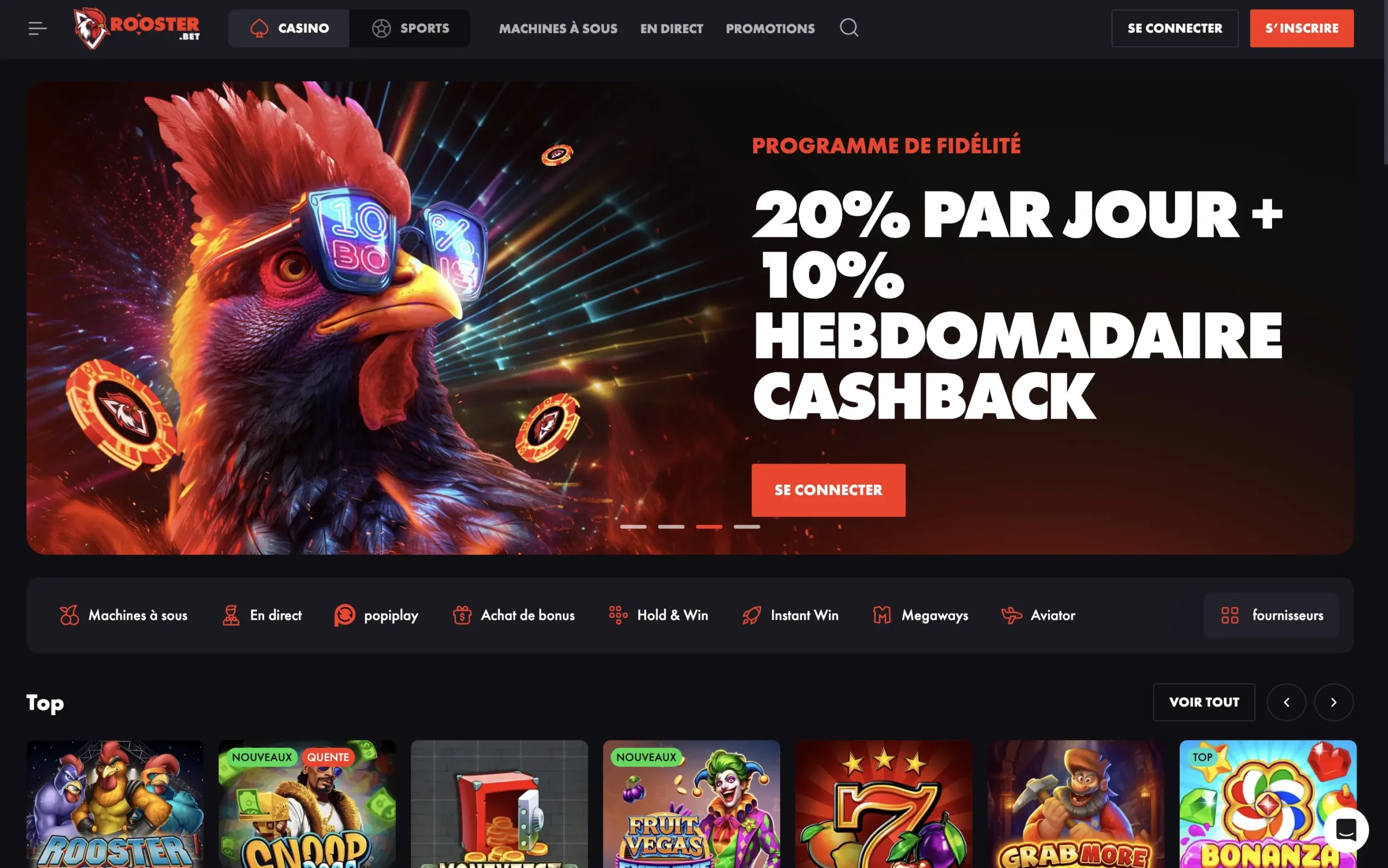 Page d'accueil de Rooster.bet