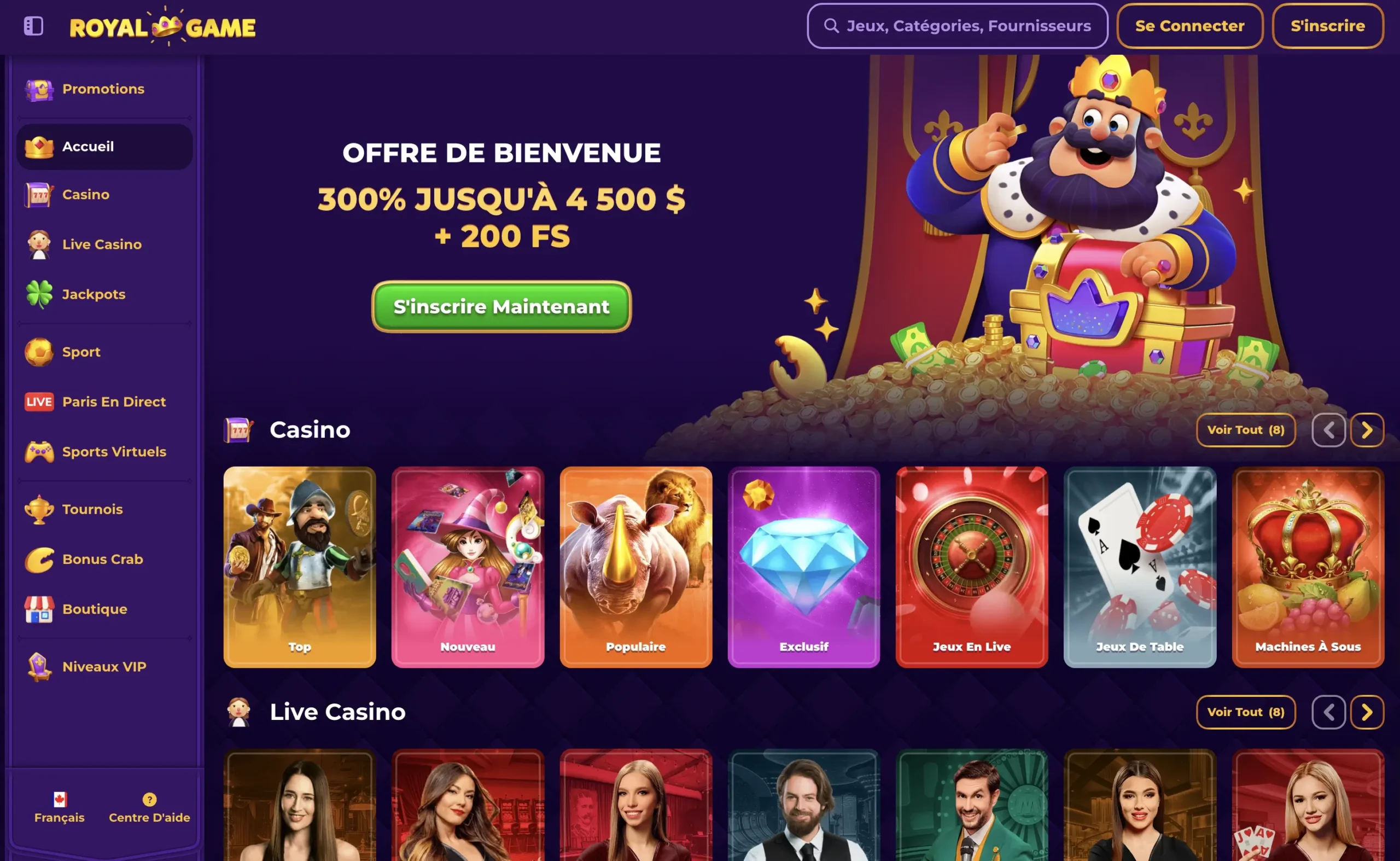 Page d'accueil de Royal Game