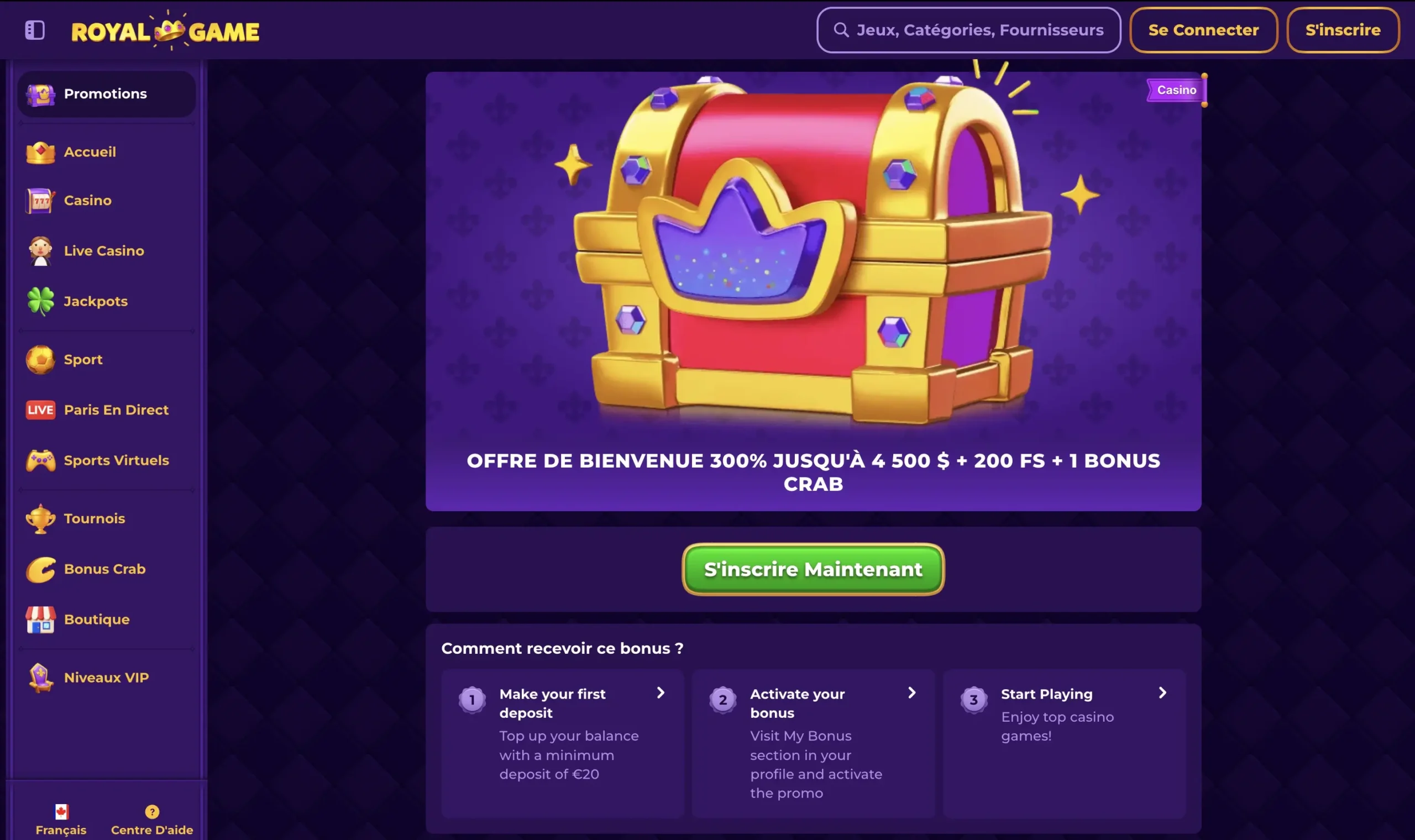 Bonus de bienvenue Royal Game