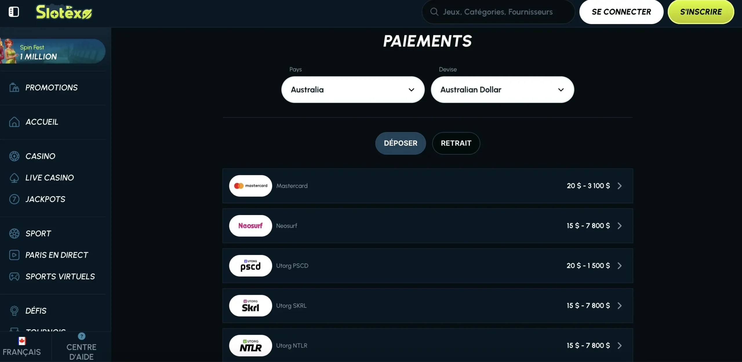 Méthodes de paiement Slotexo