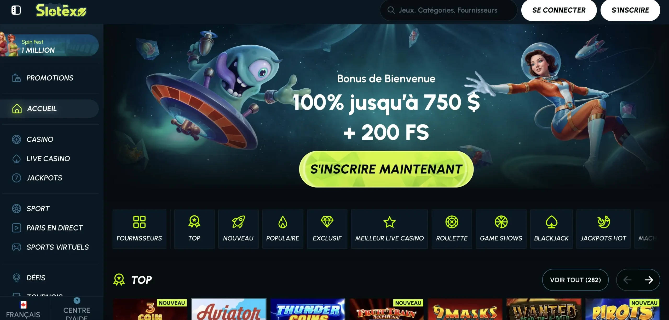 Page d'accueil de Slotexo