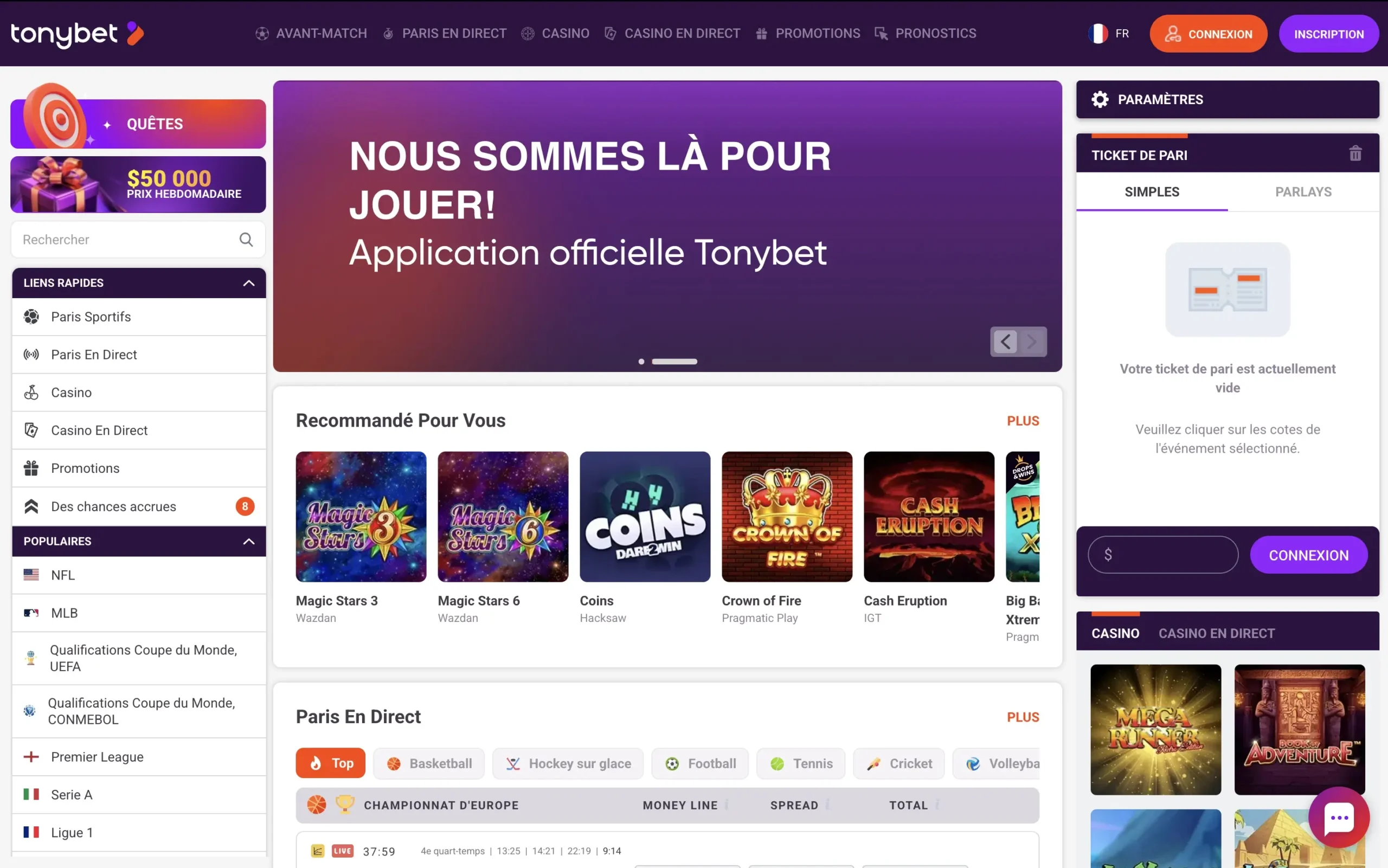 Page d'accueil de Tonybet Page d'accueil de Tonybet